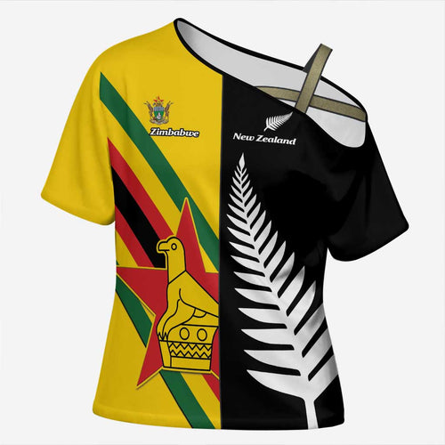 Custom New Zealand and Zimbabwe Cross Shoulder Shirt NZ Fern Zim Flag Half Style