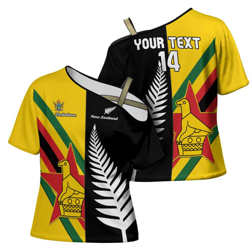 Custom New Zealand and Zimbabwe Cross Shoulder Shirt NZ Fern Zim Flag Half Style
