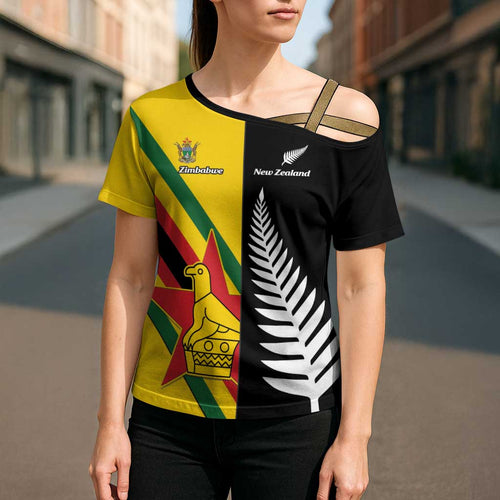 Custom New Zealand and Zimbabwe Cross Shoulder Shirt NZ Fern Zim Flag Half Style