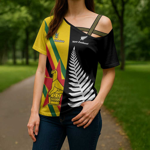 Custom New Zealand and Zimbabwe Cross Shoulder Shirt NZ Fern Zim Flag Half Style
