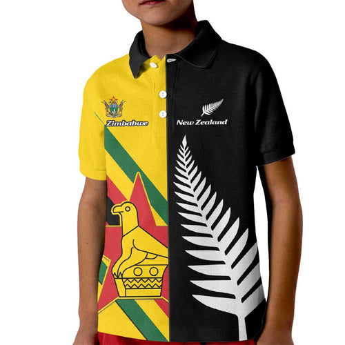 Custom New Zealand and Zimbabwe Kid Polo Shirt NZ Fern Zim Flag Half Style