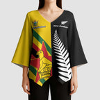 Custom New Zealand and Zimbabwe Kimono Sleeve Blouse NZ Fern Zim Flag Half Style