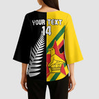 Custom New Zealand and Zimbabwe Kimono Sleeve Blouse NZ Fern Zim Flag Half Style