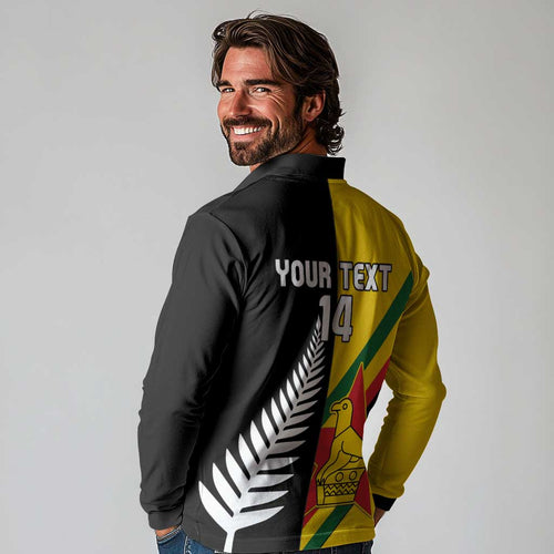 Custom New Zealand and Zimbabwe Long Sleeve Polo Shirt NZ Fern Zim Flag Half Style