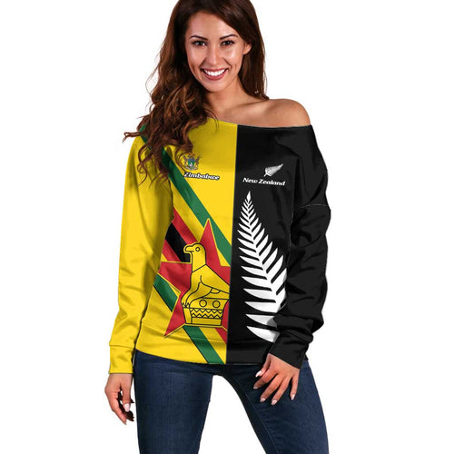 Custom New Zealand and Zimbabwe Off Shoulder Sweater NZ Fern Zim Flag Half Style
