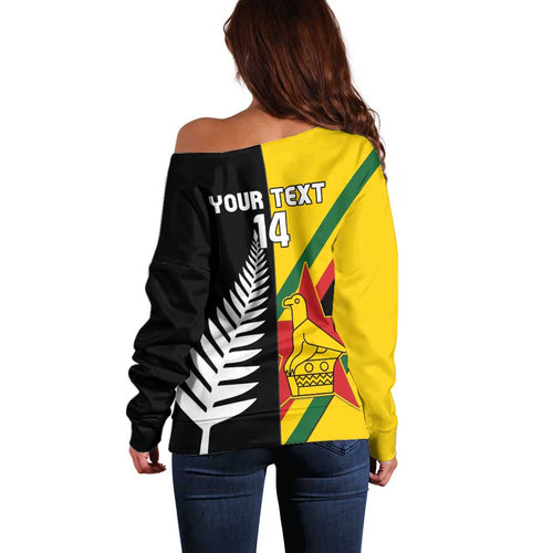 Custom New Zealand and Zimbabwe Off Shoulder Sweater NZ Fern Zim Flag Half Style