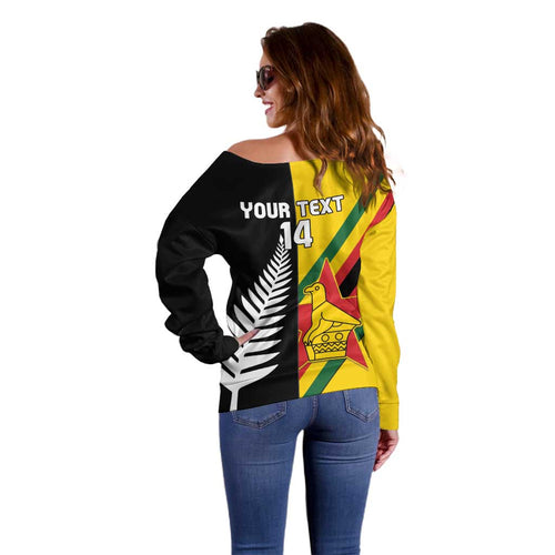 Custom New Zealand and Zimbabwe Off Shoulder Sweater NZ Fern Zim Flag Half Style