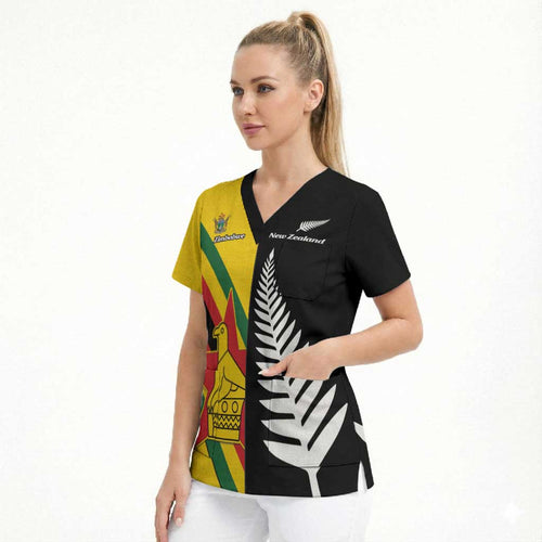 Custom New Zealand and Zimbabwe Scrub Top NZ Fern Zim Flag Half Style