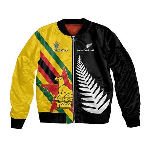 Custom New Zealand and Zimbabwe Sleeve Zip Bomber Jacket NZ Fern Zim Flag Half Style