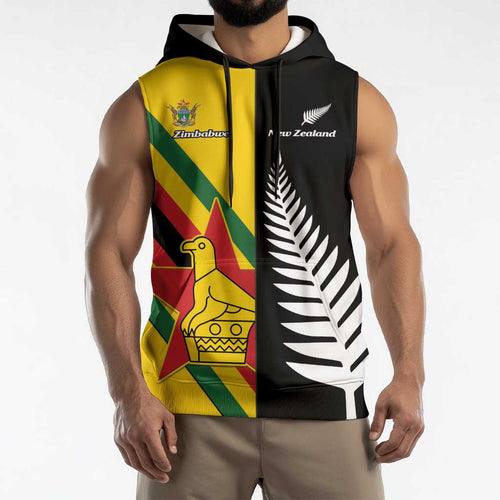 Custom New Zealand and Zimbabwe Sleeveless Hoodie NZ Fern Zim Flag Half Style
