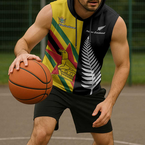 Custom New Zealand and Zimbabwe Sleeveless Hoodie NZ Fern Zim Flag Half Style