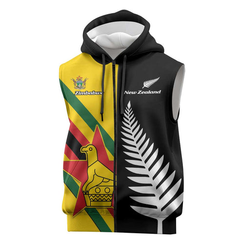 Custom New Zealand and Zimbabwe Sleeveless Zip Hoodie NZ Fern Zim Flag Half Style