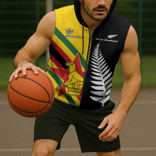 Custom New Zealand and Zimbabwe Sleeveless Zip Hoodie NZ Fern Zim Flag Half Style