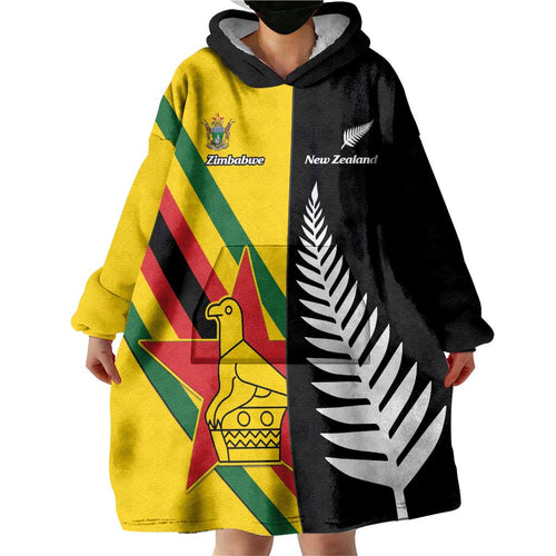 Custom New Zealand and Zimbabwe Wearable Blanket Hoodie NZ Fern Zim Flag Half Style