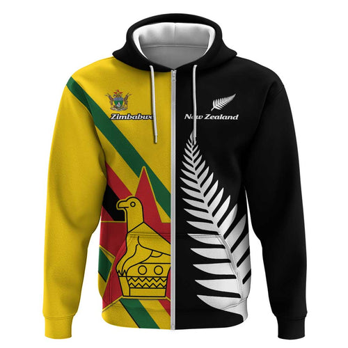 Custom New Zealand and Zimbabwe Zip Hoodie NZ Fern Zim Flag Half Style