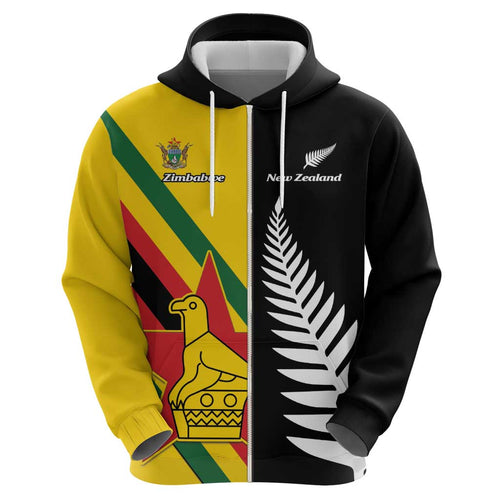 Custom New Zealand and Zimbabwe Zip Hoodie NZ Fern Zim Flag Half Style