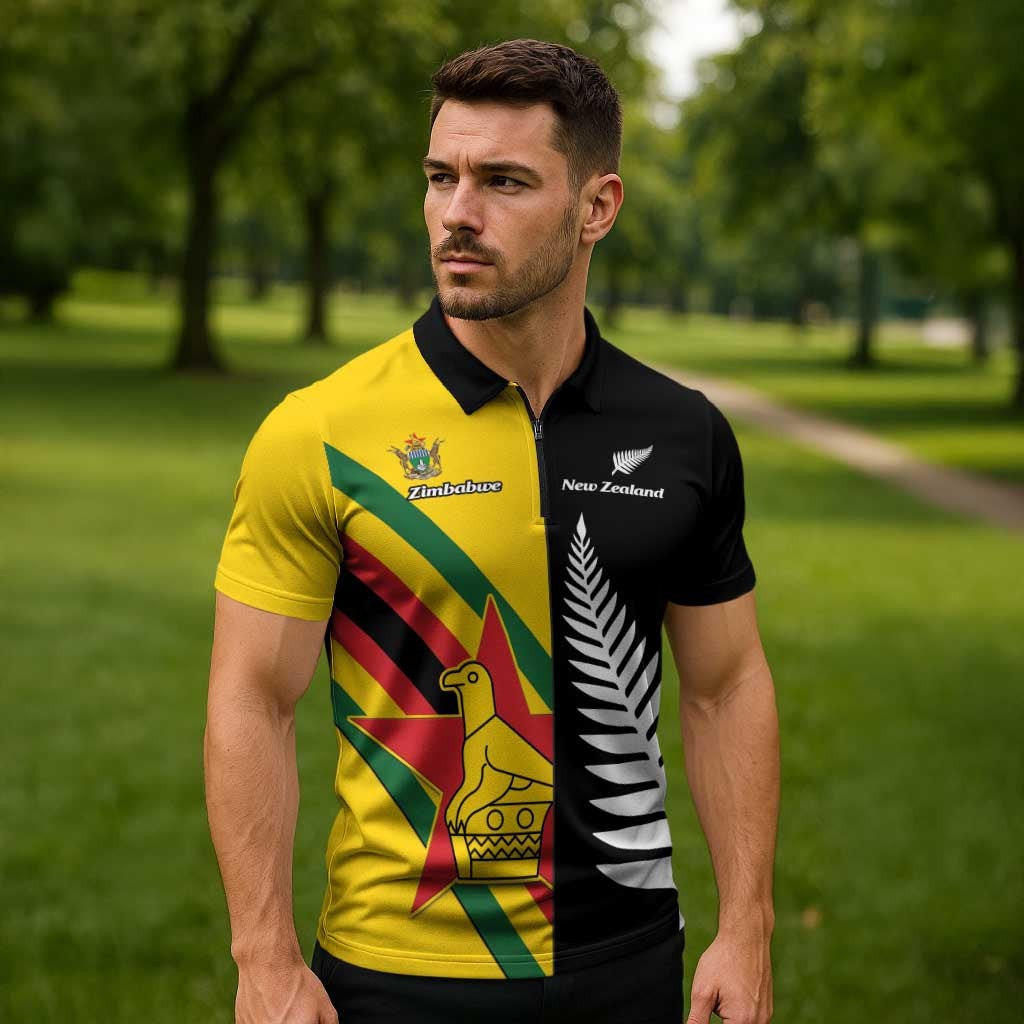 Custom New Zealand and Zimbabwe Zipper Polo Shirt NZ Fern Zim Flag Half Style