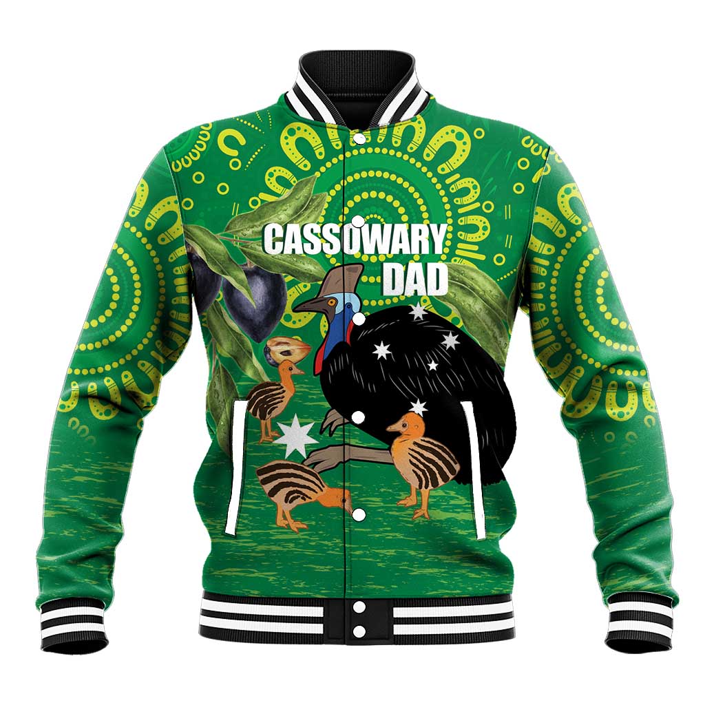 Personalised Australia Father's Day Baseball Jacket Cassowary Dad Cerbera Floribunda Aboriginal Art