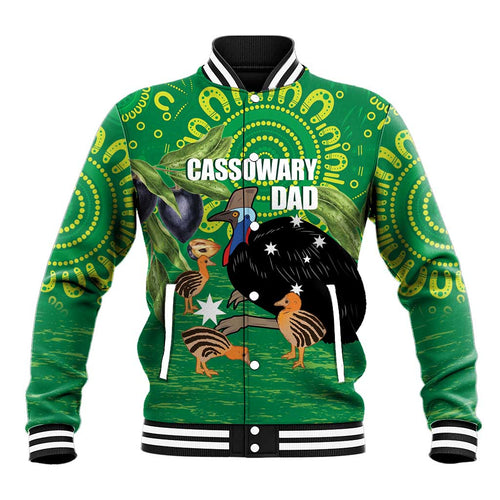 Personalised Australia Father's Day Baseball Jacket Cassowary Dad Cerbera Floribunda Aboriginal Art