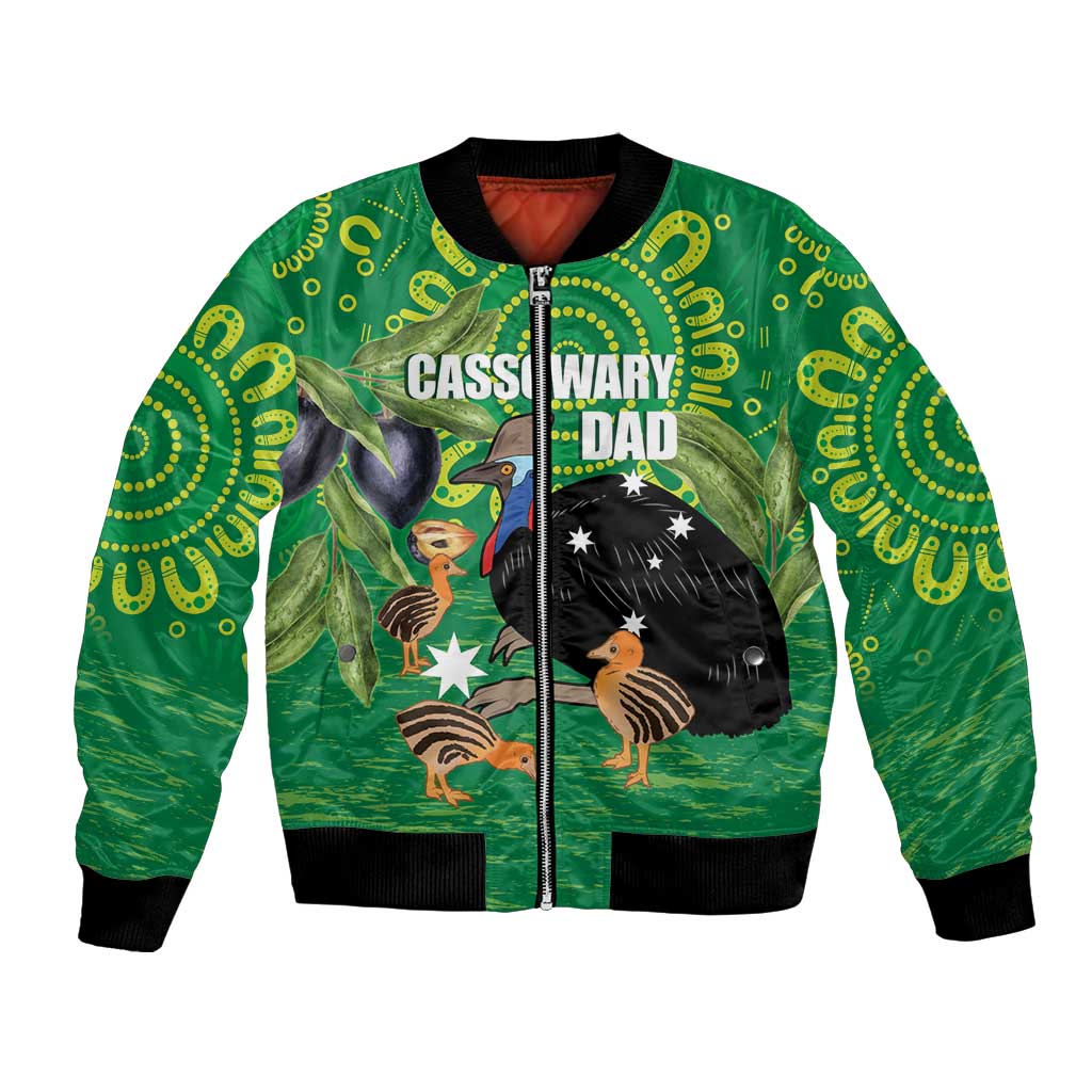 Personalised Australia Father's Day Bomber Jacket Cassowary Dad Cerbera Floribunda Aboriginal Art