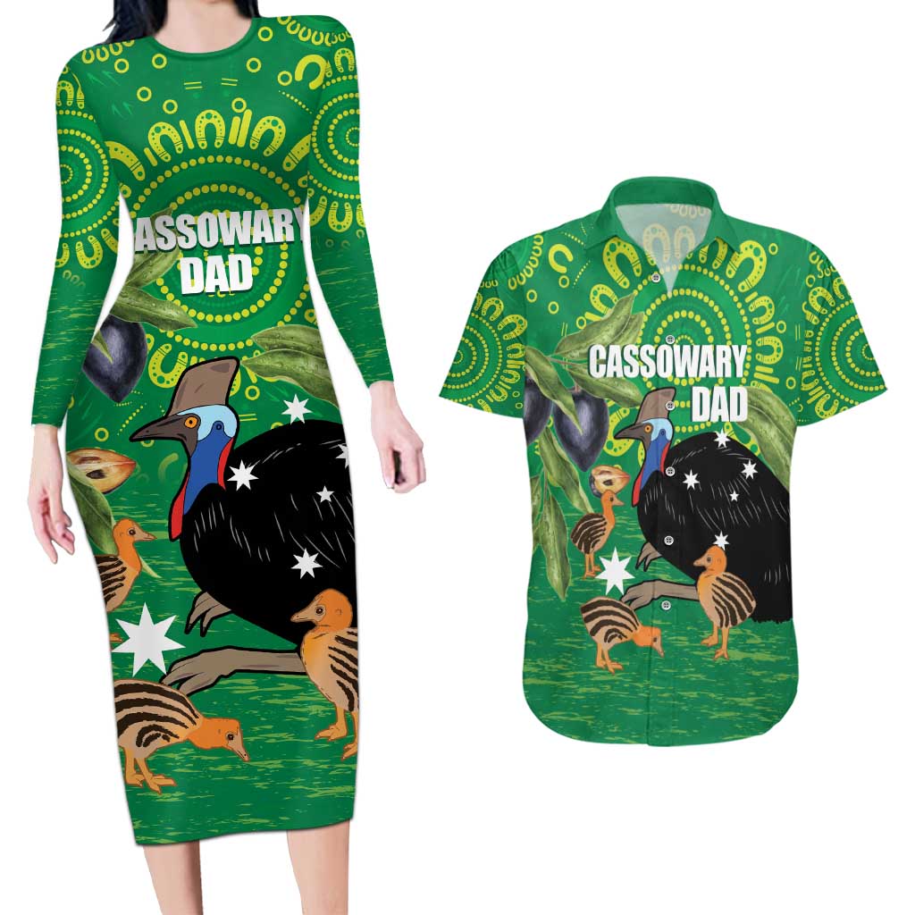 Personalised Australia Father's Day Couples Matching Long Sleeve Bodycon Dress and Hawaiian Shirt Cassowary Dad Cerbera Floribunda Aboriginal Art