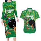 Personalised Australia Father's Day Couples Matching Long Sleeve Bodycon Dress and Hawaiian Shirt Cassowary Dad Cerbera Floribunda Aboriginal Art