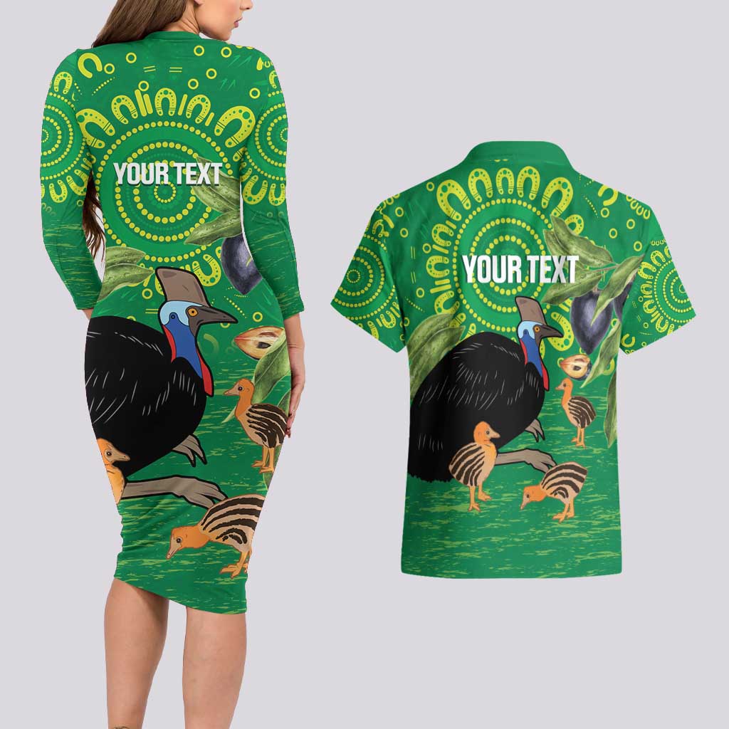 Personalised Australia Father's Day Couples Matching Long Sleeve Bodycon Dress and Hawaiian Shirt Cassowary Dad Cerbera Floribunda Aboriginal Art