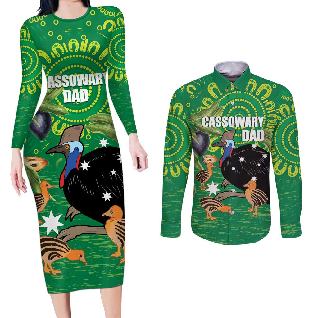 Personalised Australia Father's Day Couples Matching Long Sleeve Bodycon Dress and Long Sleeve Button Shirt Cassowary Dad Cerbera Floribunda Aboriginal Art