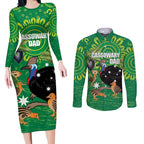 Personalised Australia Father's Day Couples Matching Long Sleeve Bodycon Dress and Long Sleeve Button Shirt Cassowary Dad Cerbera Floribunda Aboriginal Art