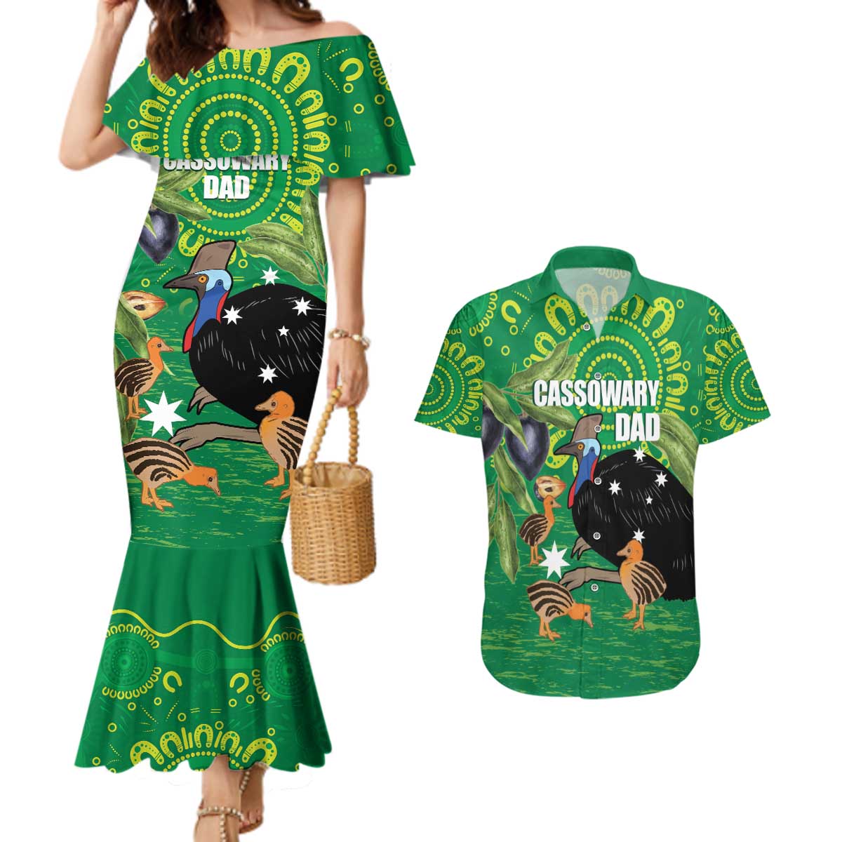 Personalised Australia Father's Day Couples Matching Mermaid Dress and Hawaiian Shirt Cassowary Dad Cerbera Floribunda Aboriginal Art