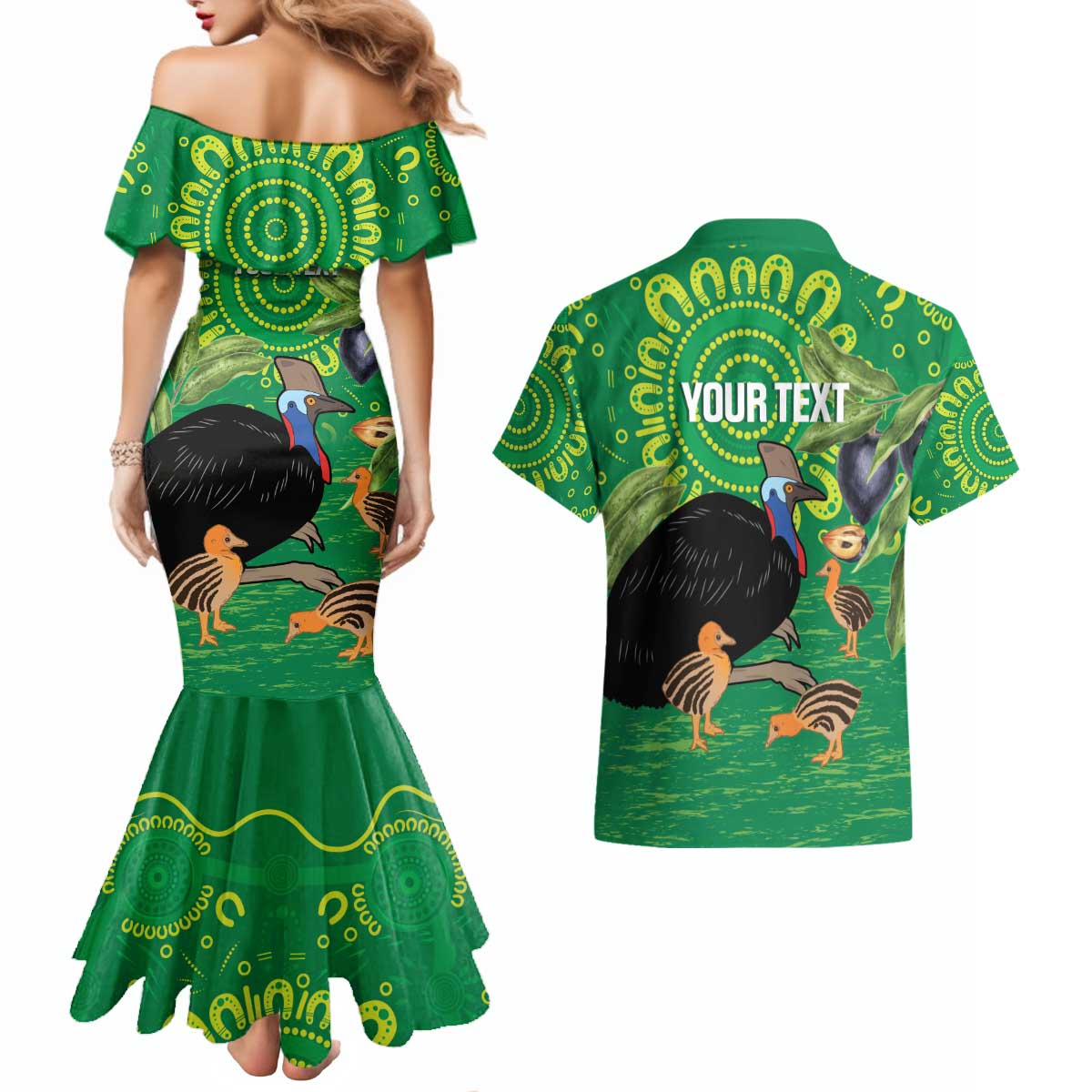 Personalised Australia Father's Day Couples Matching Mermaid Dress and Hawaiian Shirt Cassowary Dad Cerbera Floribunda Aboriginal Art