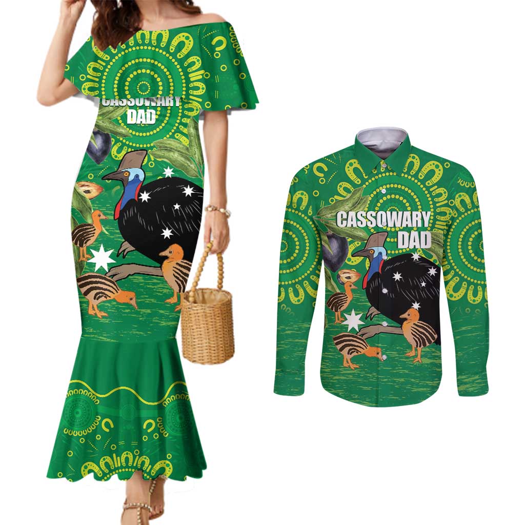 Personalised Australia Father's Day Couples Matching Mermaid Dress and Long Sleeve Button Shirt Cassowary Dad Cerbera Floribunda Aboriginal Art
