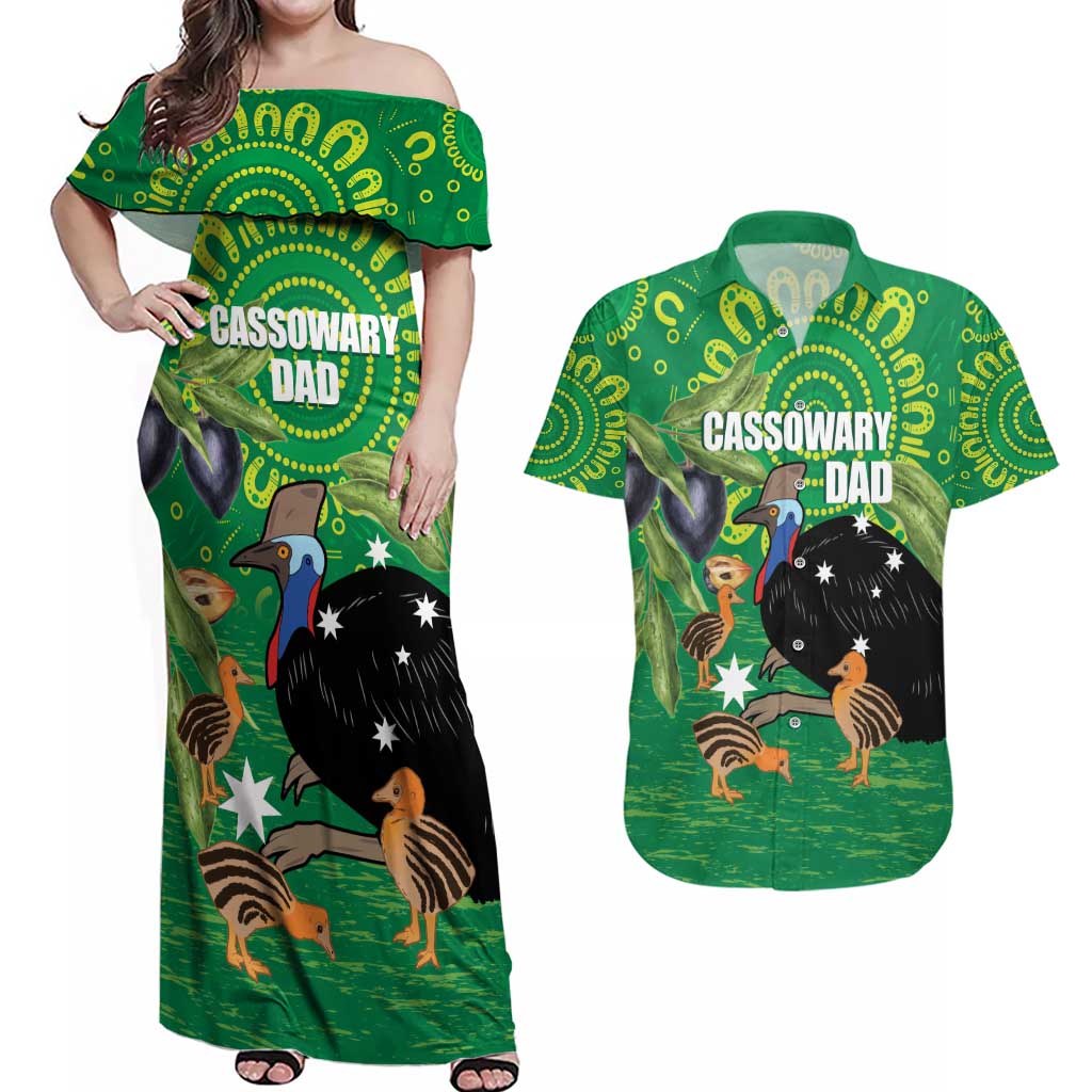 Personalised Australia Father's Day Couples Matching Off Shoulder Maxi Dress and Hawaiian Shirt Cassowary Dad Cerbera Floribunda Aboriginal Art