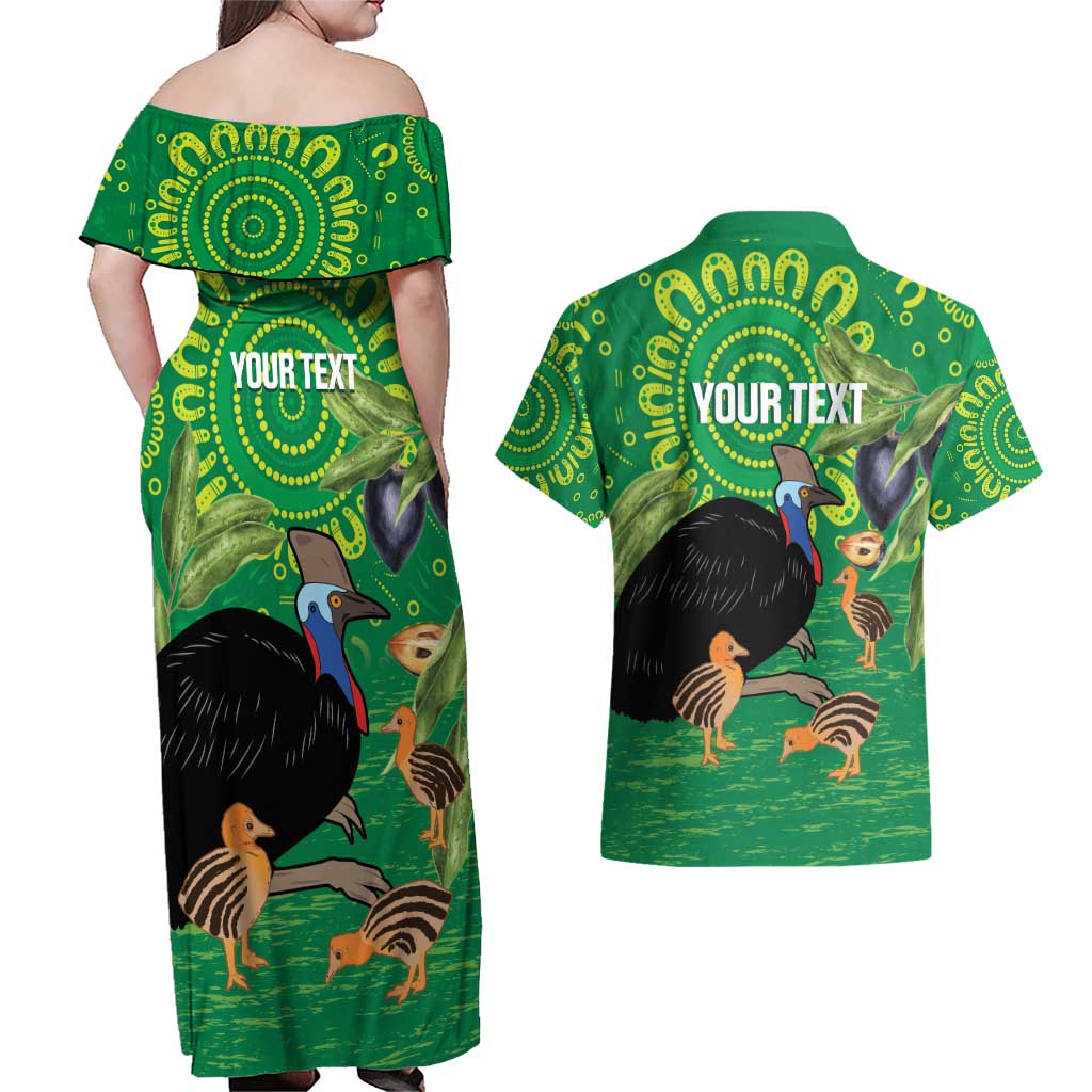 Personalised Australia Father's Day Couples Matching Off Shoulder Maxi Dress and Hawaiian Shirt Cassowary Dad Cerbera Floribunda Aboriginal Art