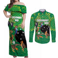 Personalised Australia Father's Day Couples Matching Off Shoulder Maxi Dress and Long Sleeve Button Shirt Cassowary Dad Cerbera Floribunda Aboriginal Art