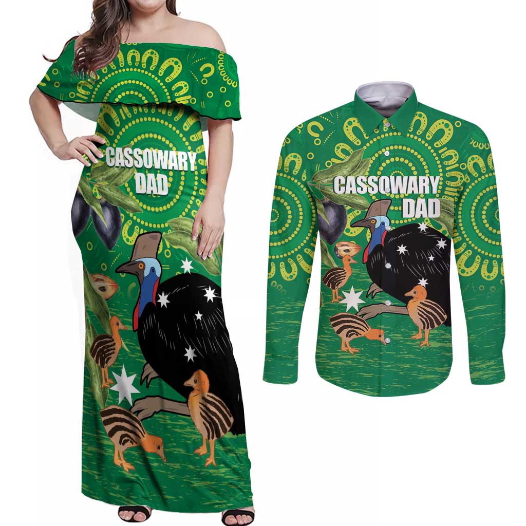 Personalised Australia Father's Day Couples Matching Off Shoulder Maxi Dress and Long Sleeve Button Shirt Cassowary Dad Cerbera Floribunda Aboriginal Art