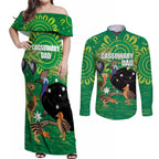 Personalised Australia Father's Day Couples Matching Off Shoulder Maxi Dress and Long Sleeve Button Shirt Cassowary Dad Cerbera Floribunda Aboriginal Art