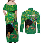 Personalised Australia Father's Day Couples Matching Off Shoulder Maxi Dress and Long Sleeve Button Shirt Cassowary Dad Cerbera Floribunda Aboriginal Art