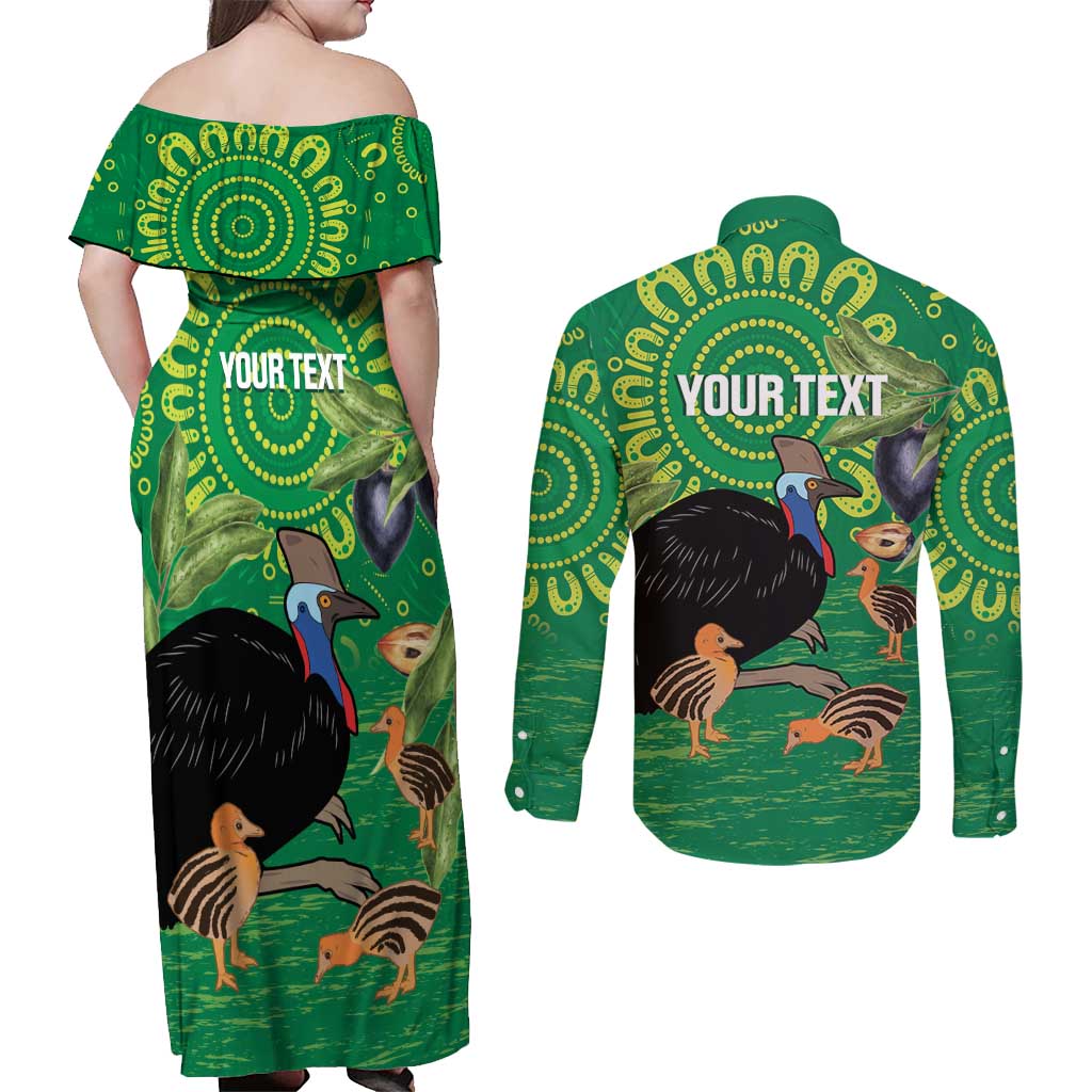 Personalised Australia Father's Day Couples Matching Off Shoulder Maxi Dress and Long Sleeve Button Shirt Cassowary Dad Cerbera Floribunda Aboriginal Art