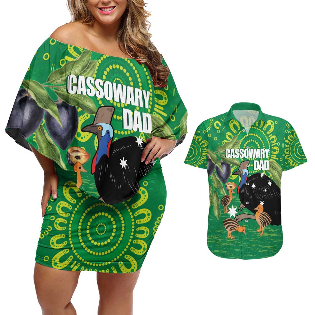 Personalised Australia Father's Day Couples Matching Off Shoulder Short Dress and Hawaiian Shirt Cassowary Dad Cerbera Floribunda Aboriginal Art
