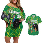 Personalised Australia Father's Day Couples Matching Off Shoulder Short Dress and Hawaiian Shirt Cassowary Dad Cerbera Floribunda Aboriginal Art