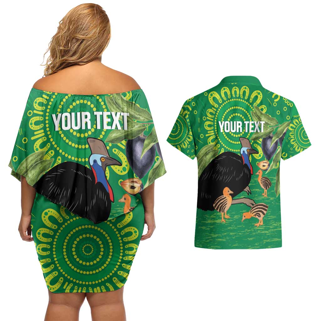 Personalised Australia Father's Day Couples Matching Off Shoulder Short Dress and Hawaiian Shirt Cassowary Dad Cerbera Floribunda Aboriginal Art