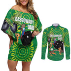 Personalised Australia Father's Day Couples Matching Off Shoulder Short Dress and Long Sleeve Button Shirt Cassowary Dad Cerbera Floribunda Aboriginal Art