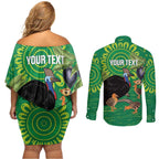 Personalised Australia Father's Day Couples Matching Off Shoulder Short Dress and Long Sleeve Button Shirt Cassowary Dad Cerbera Floribunda Aboriginal Art