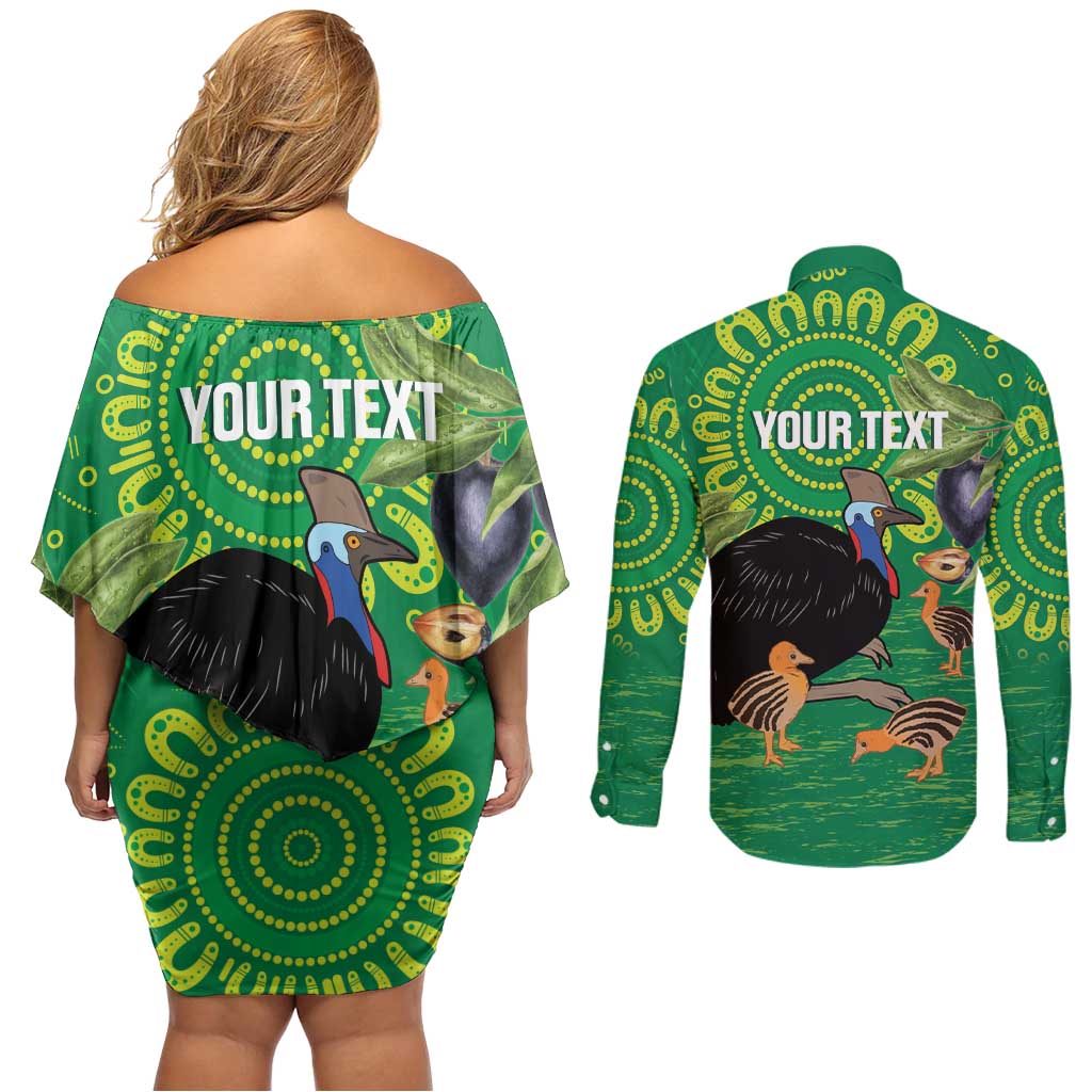 Personalised Australia Father's Day Couples Matching Off Shoulder Short Dress and Long Sleeve Button Shirt Cassowary Dad Cerbera Floribunda Aboriginal Art