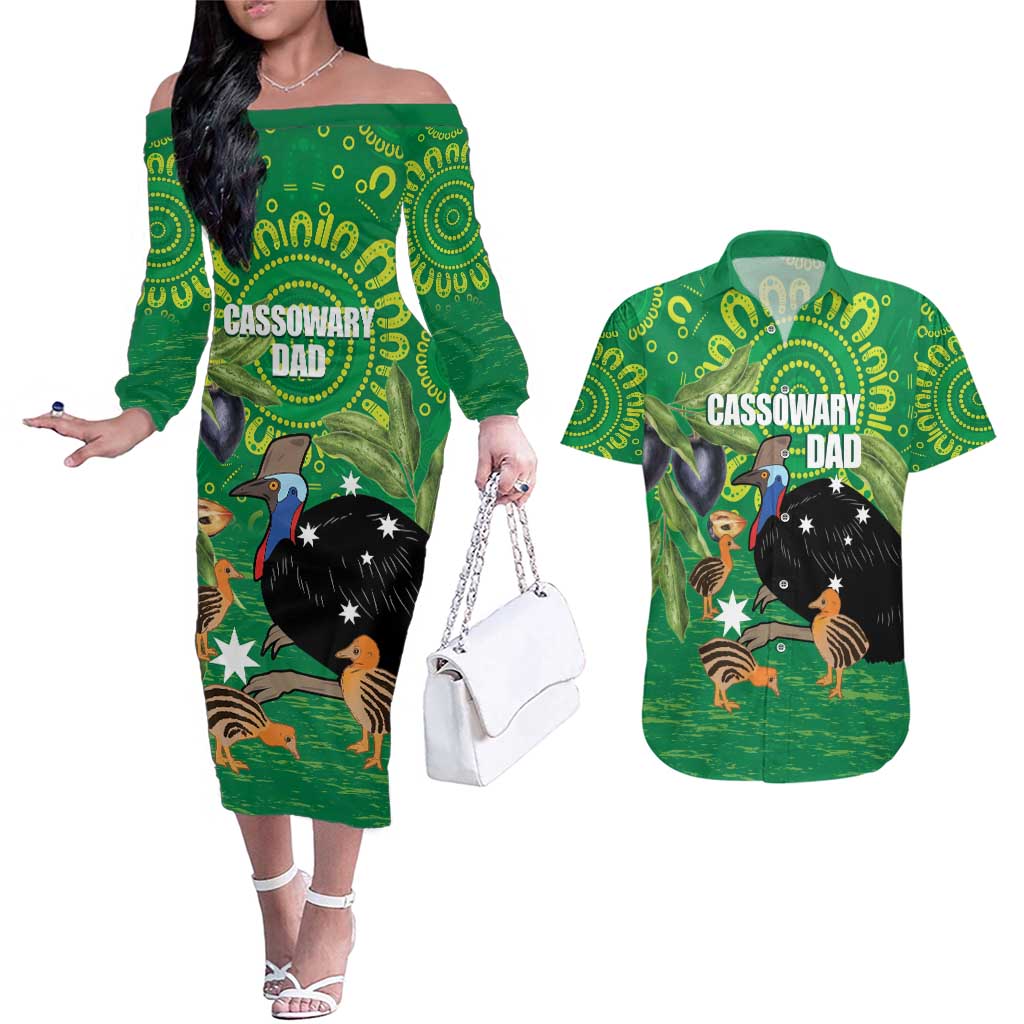 Personalised Australia Father's Day Couples Matching Off The Shoulder Long Sleeve Dress and Hawaiian Shirt Cassowary Dad Cerbera Floribunda Aboriginal Art