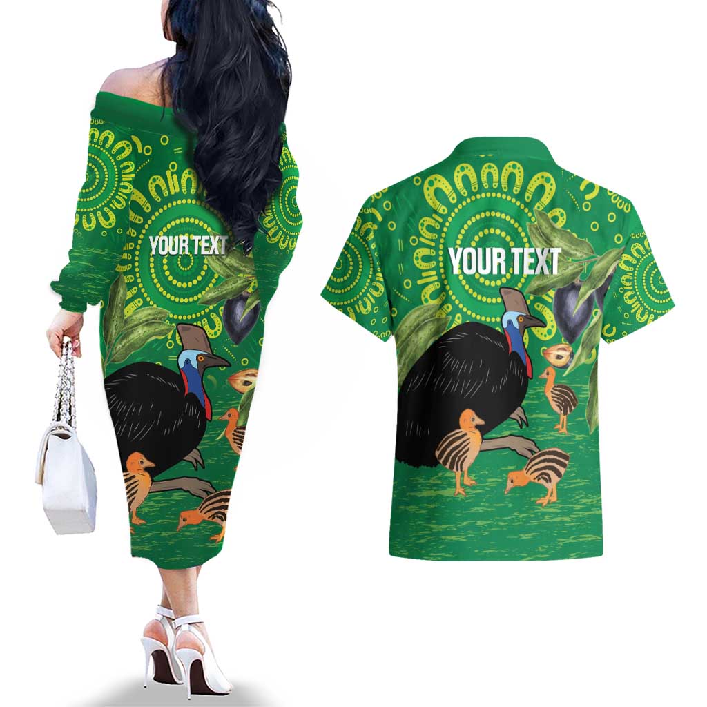 Personalised Australia Father's Day Couples Matching Off The Shoulder Long Sleeve Dress and Hawaiian Shirt Cassowary Dad Cerbera Floribunda Aboriginal Art