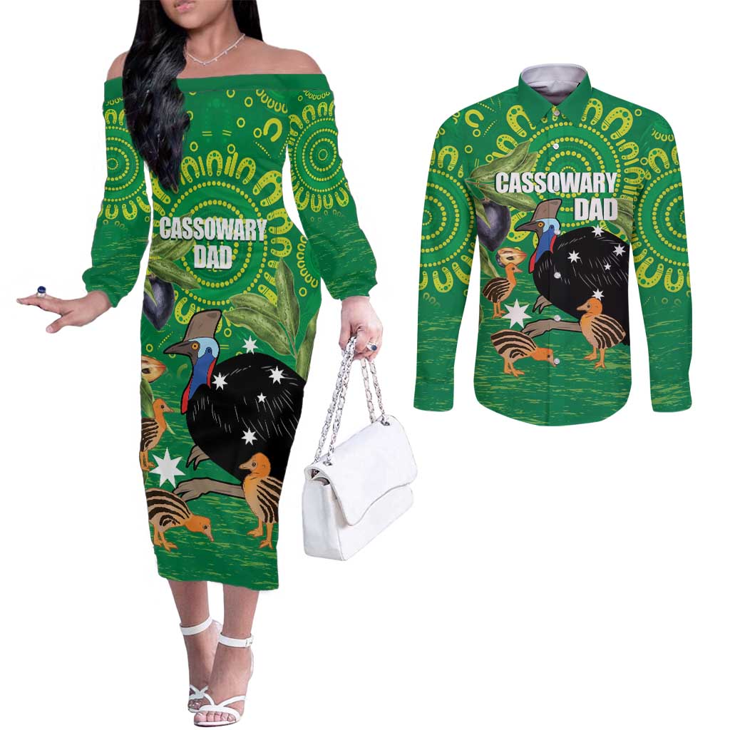 Personalised Australia Father's Day Couples Matching Off The Shoulder Long Sleeve Dress and Long Sleeve Button Shirt Cassowary Dad Cerbera Floribunda Aboriginal Art