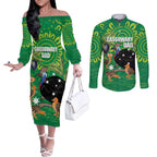 Personalised Australia Father's Day Couples Matching Off The Shoulder Long Sleeve Dress and Long Sleeve Button Shirt Cassowary Dad Cerbera Floribunda Aboriginal Art