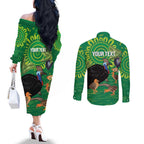 Personalised Australia Father's Day Couples Matching Off The Shoulder Long Sleeve Dress and Long Sleeve Button Shirt Cassowary Dad Cerbera Floribunda Aboriginal Art